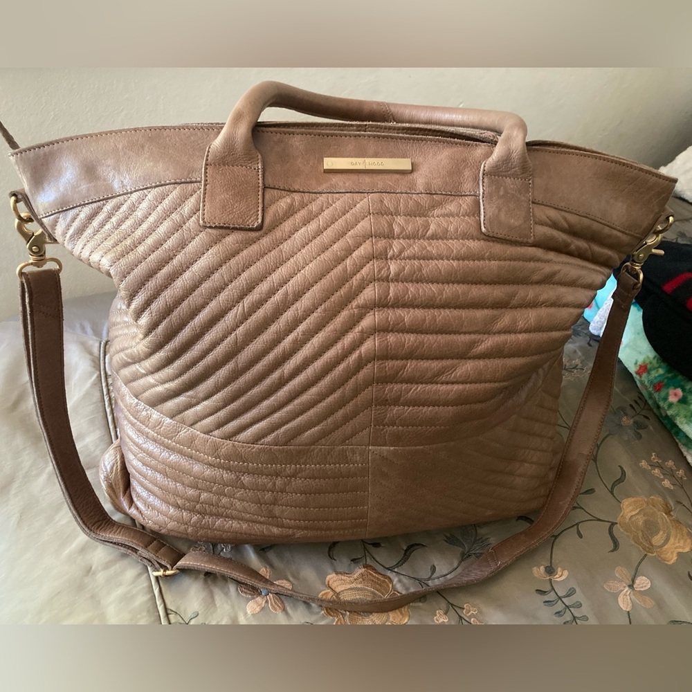 Day & mood Quilted Taupe Leather Tote with  2 way Convertible Strap.